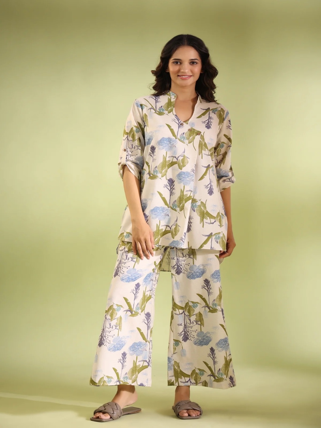 

Moda Rapido Floral Printed Mandarin Collar Top With Palazzo, Beige