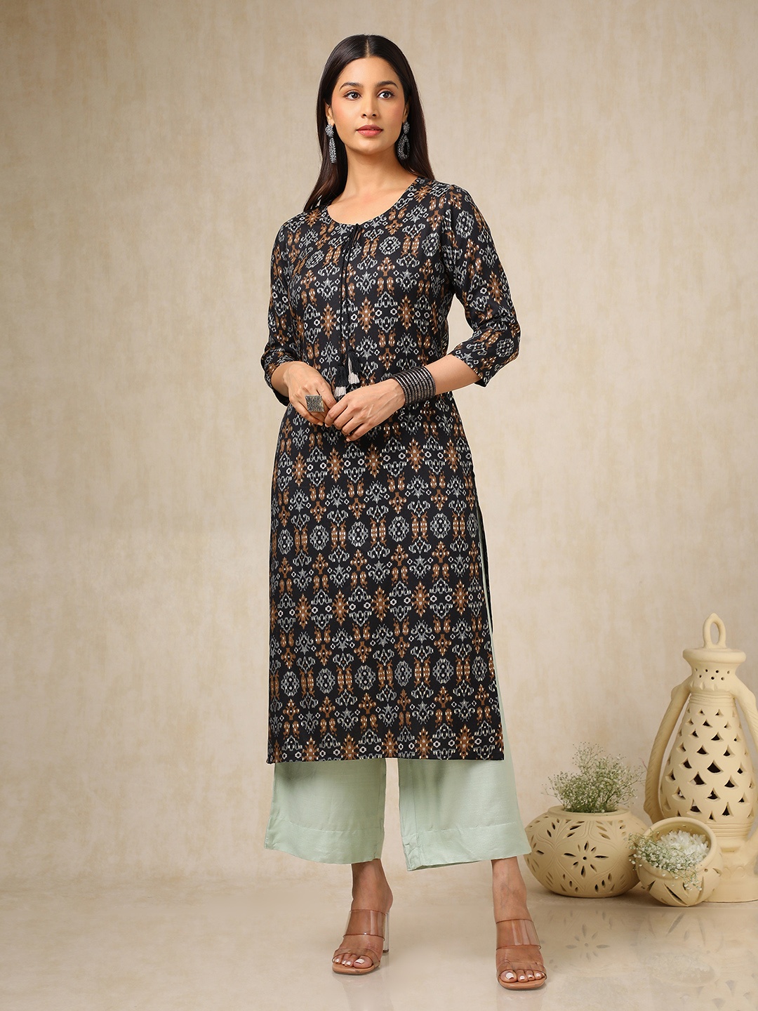 

Soch Ethnic Motifs Woven Design Tie Up Neck Straight Kurta, Black