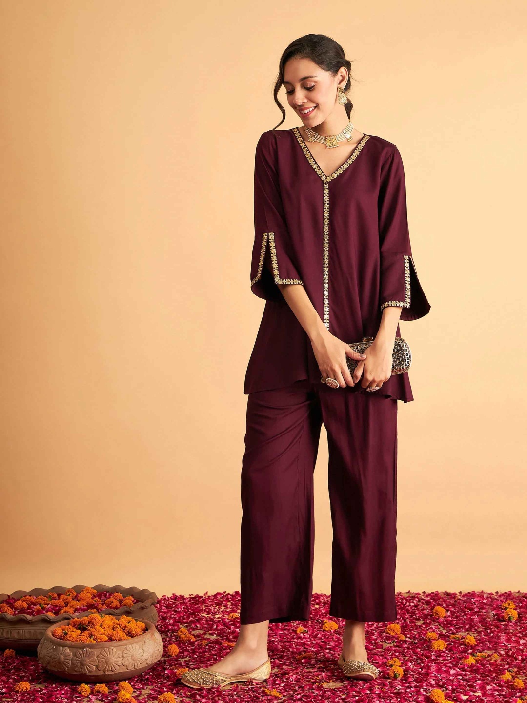 

Moda Rapido Embroidered Top With Trousers Co-Ords, Maroon