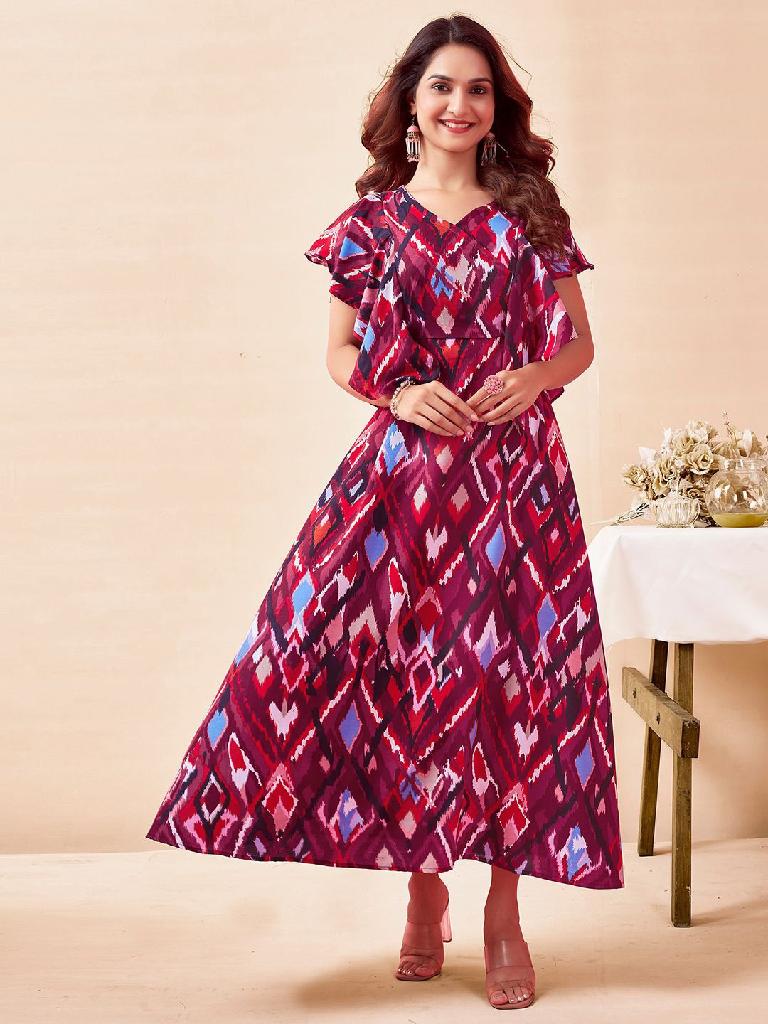 

Moda Rapido Print Flared Sleeve Fit & Flare Midi Dress, White