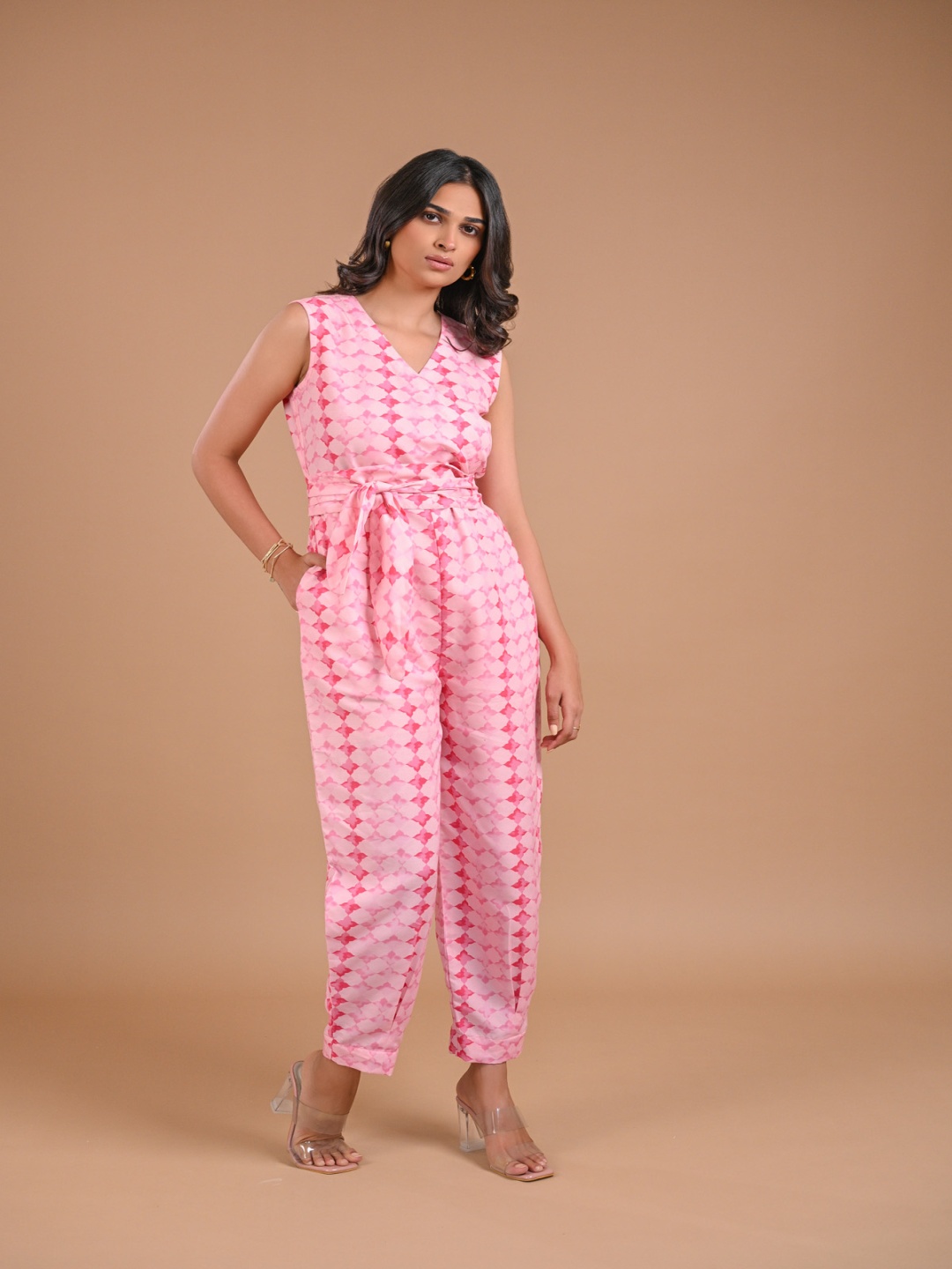 

aaRVee STUDIO Printed V-Neck Sleeveless Basic Jumpsuit, Pink