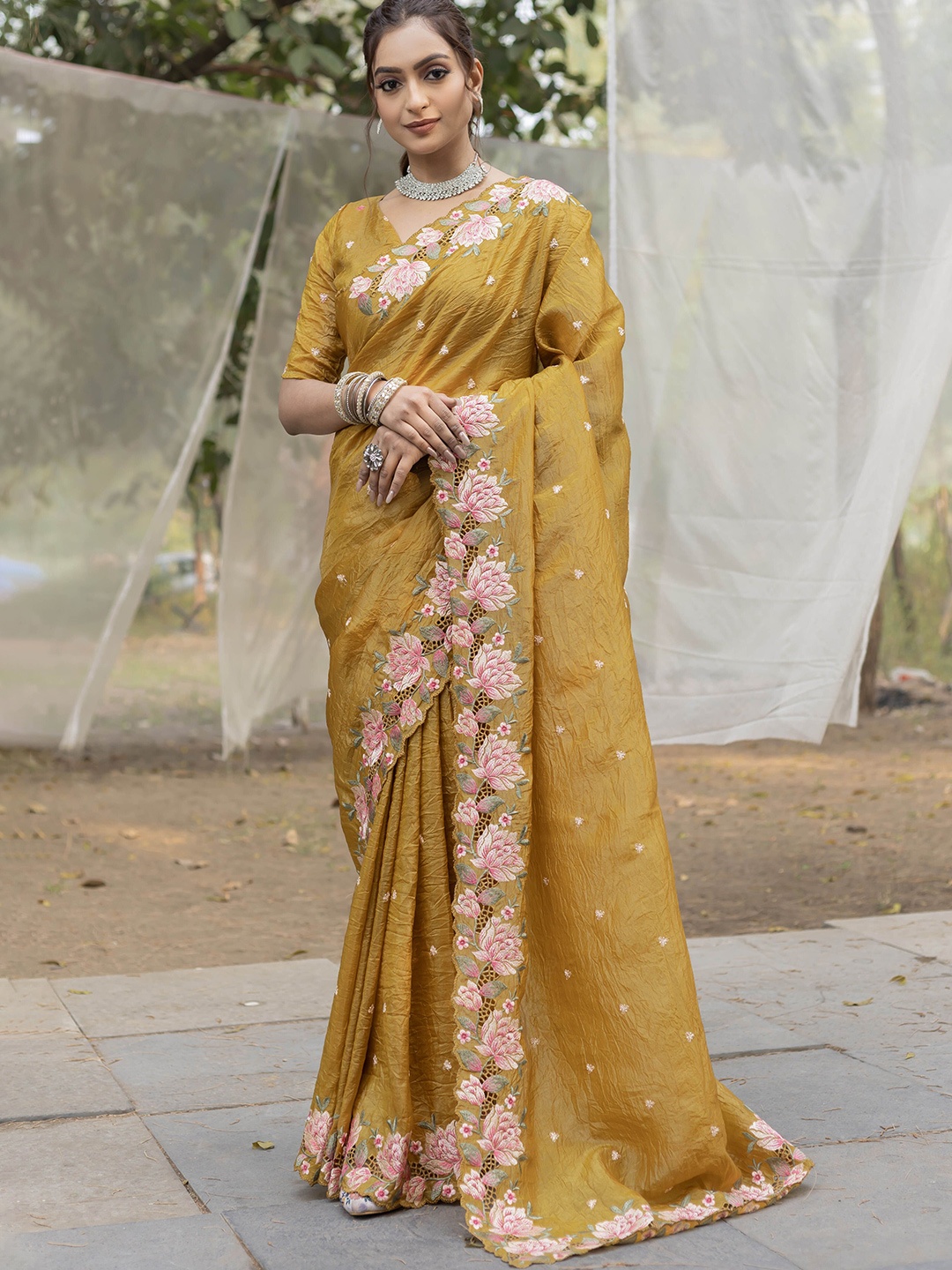 

DEVATITHI Floral Chikankari Yellow Silk Saree