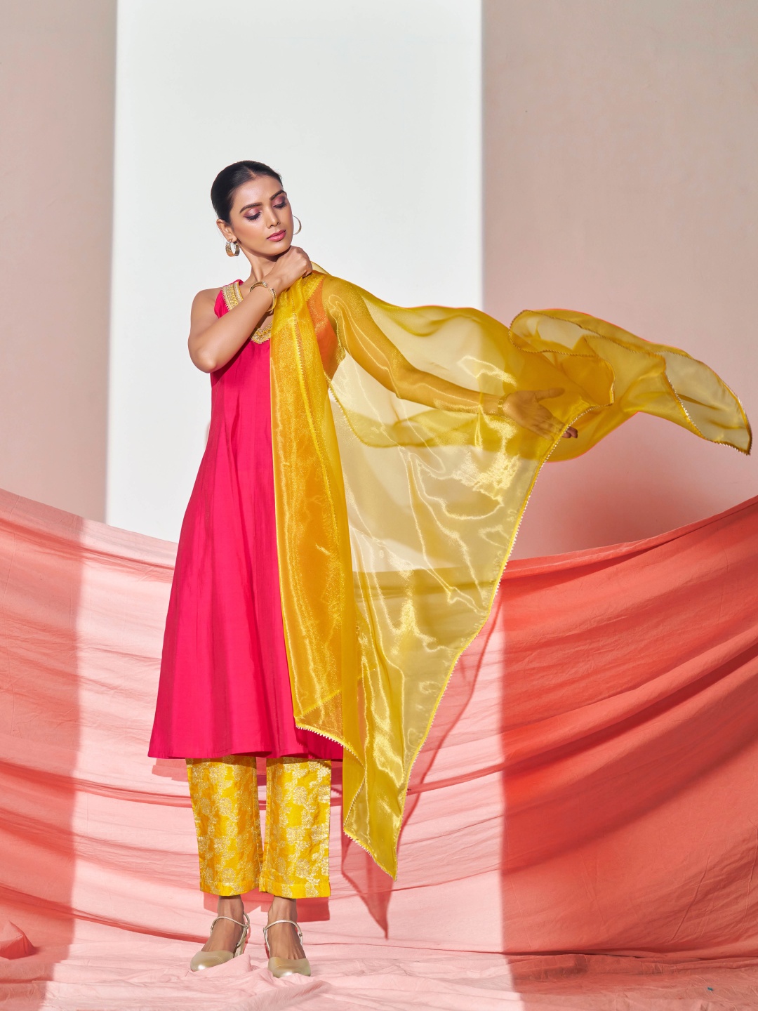 

Sangria Embroidered A-Line Kurta & Trousers With Dupatta, Peach