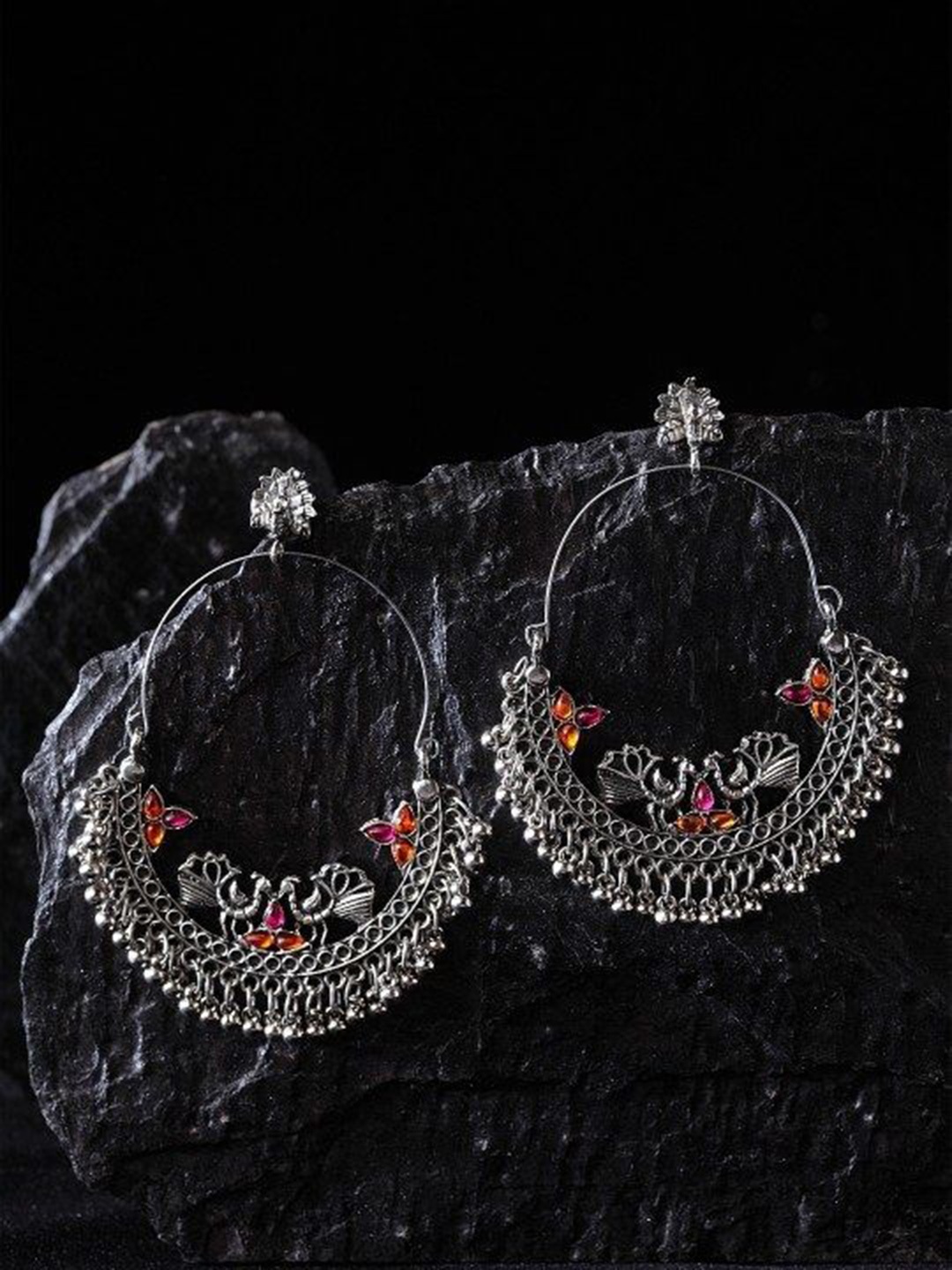 

JMBW INTERNATIONAL Silver-Plated Artificial Stone Studded Oxidised Jewellery Set
