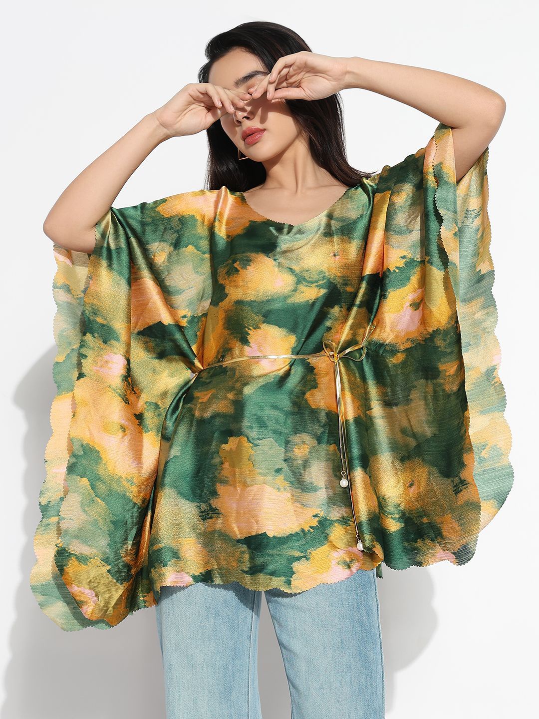 

SHOWOFF Print Extended Sleeves Cotton Top, Green