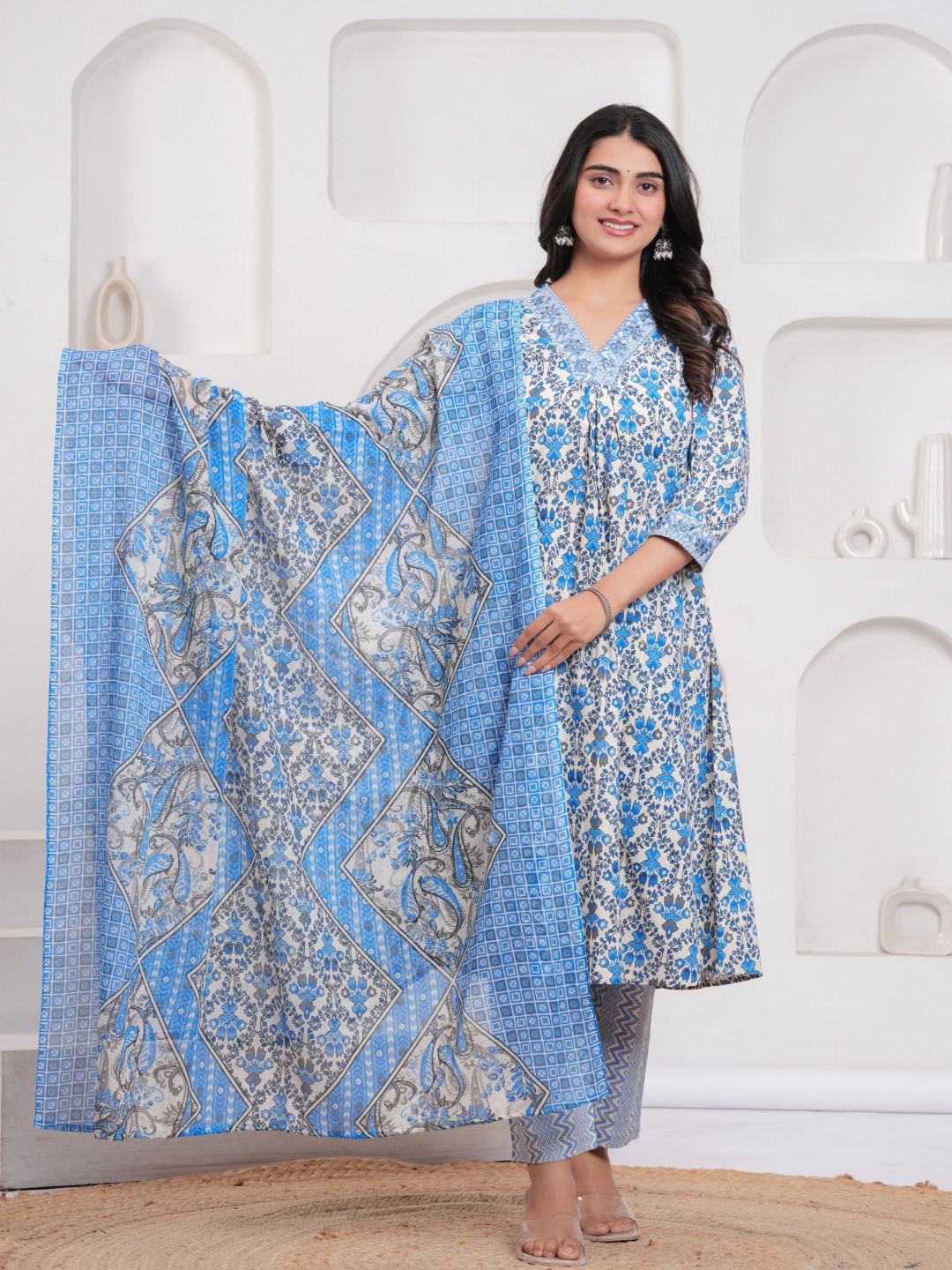 

KALINI Women Floral Regular Pure Cotton Kurta with Trousers & With Dupatta, Blue