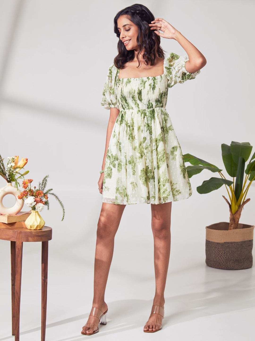 

Prose Stories Floral Print Puff Sleeve Chiffon Fit & Flare Mini Dress, Green