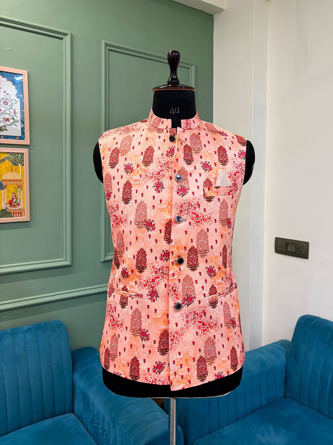 

JAIPURI CROWN Men Festive Wear Printed Nehru Jacket, Orange