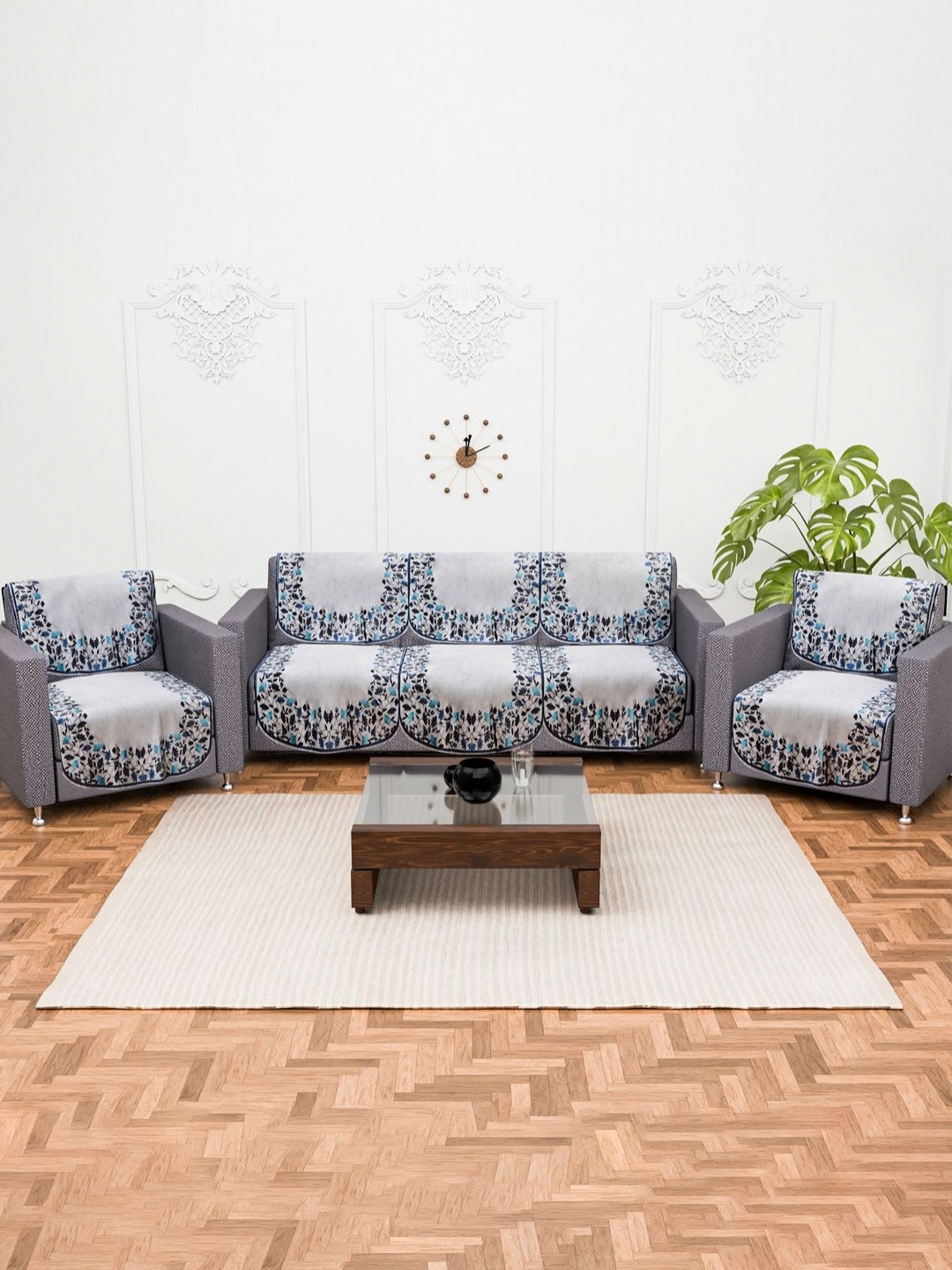 

Aura 10 Pieces Blue & Grey Floral Printed Velvet Sofa Covers