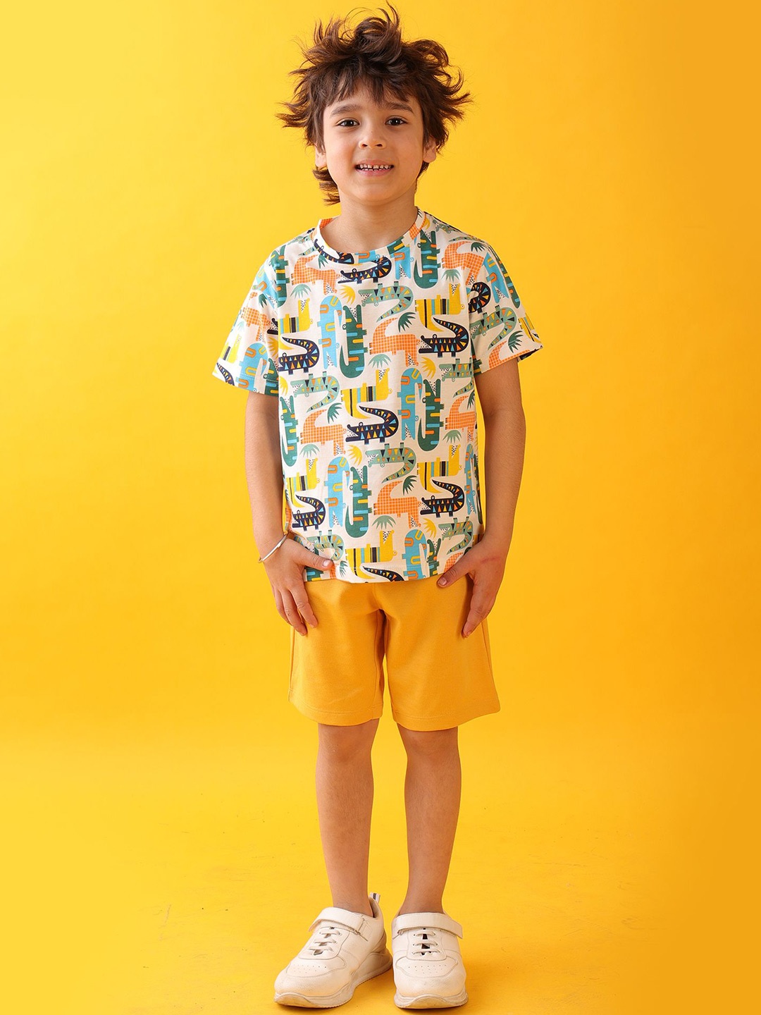 

Anthrilo Boys Crocodile Printed Round Neck Pure Cotton T-shirt With Shorts, White