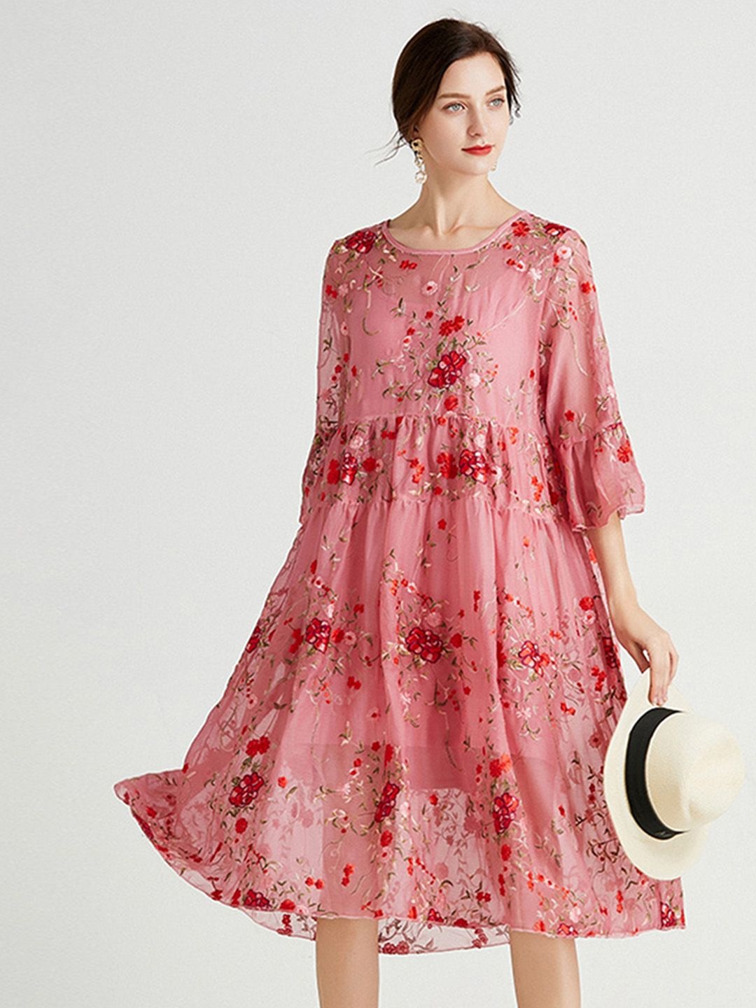 

JC Collection Floral Print Bell Sleeve A-Line Midi Dress, Pink