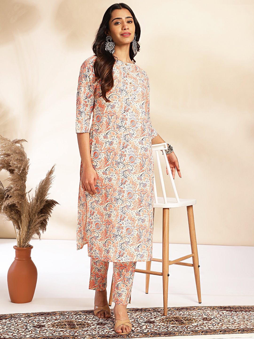 

KALINI Floral Printed Round Neck Pure Cotton Straight Kurta With Trousers, Beige