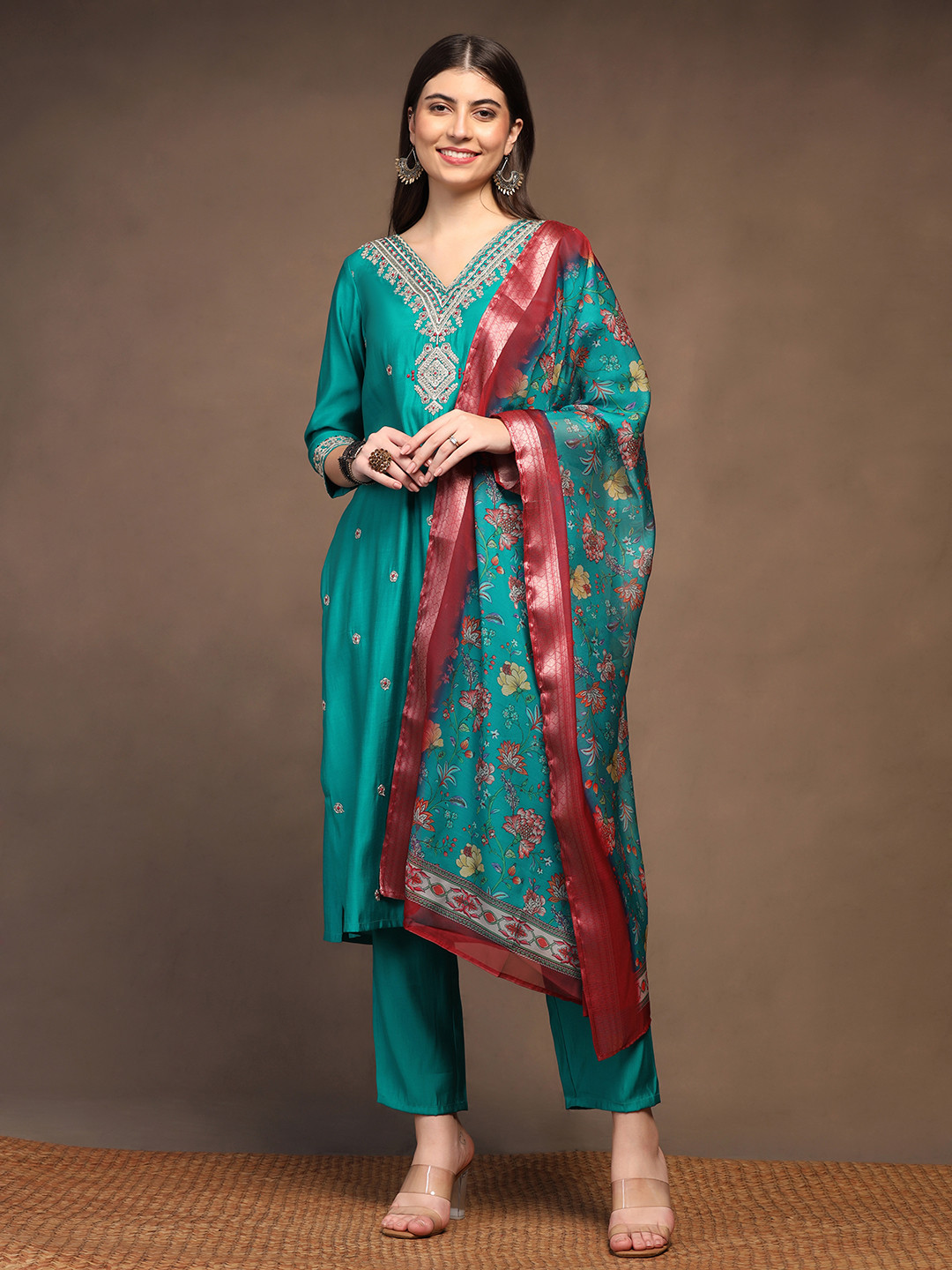 

Moda Rapido Women Floral Embroidered Regular Beads and Stones Kurta with Trousers & With Dupatta, Blue