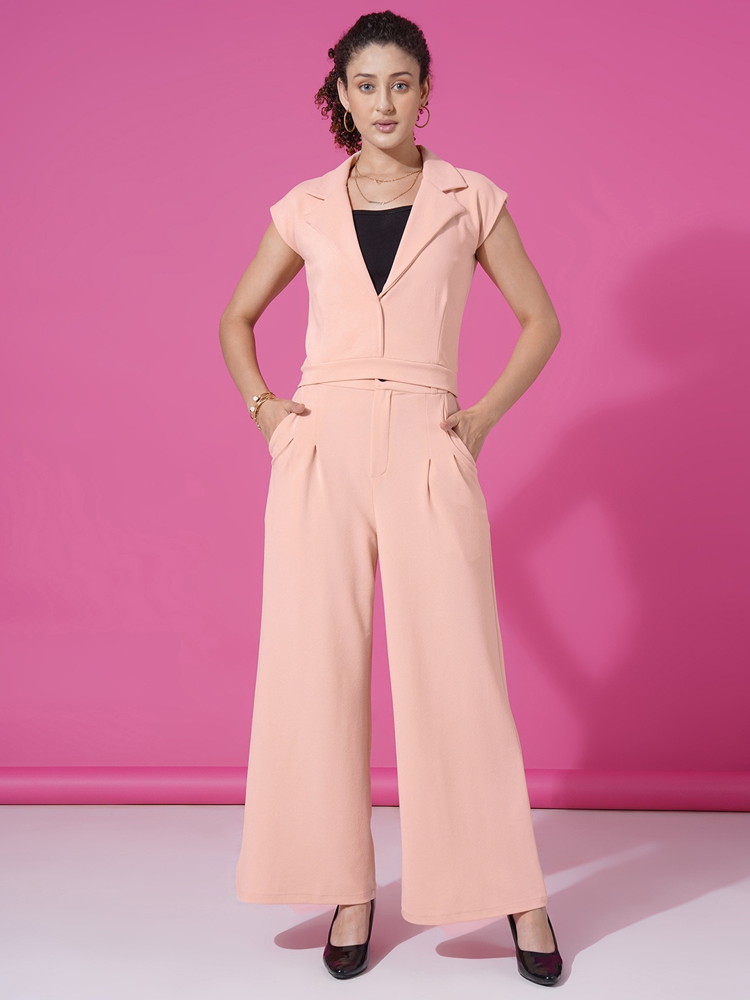 

Moda Rapido Notched Lapel Collar Top With Trousers, Pink