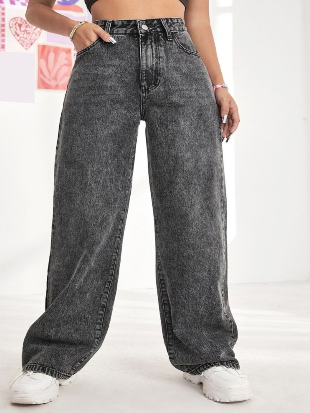 

Metronaut Women Comfort Wide Leg Jeans, Grey