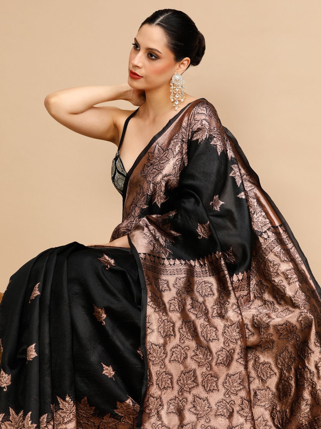 

House of Pataudi Woven Design Banarasi Saree With Blouse Piece, Black