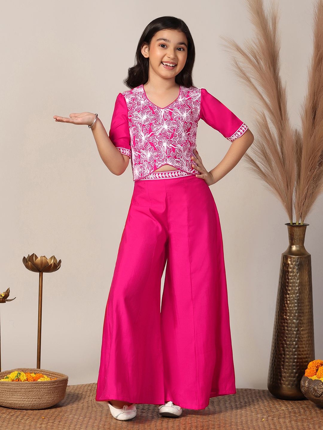 

BAESD Girls Ethnic Motifs Embroidered Regular Thread Work Top with Palazzos, Pink