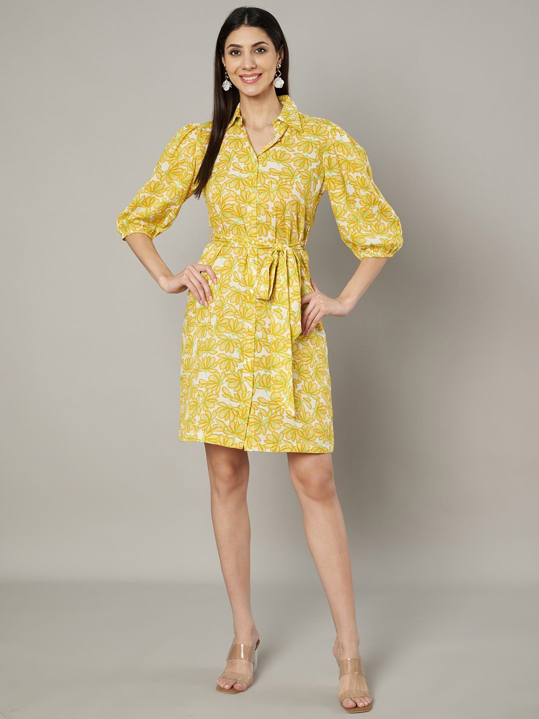 

Amagyaa Floral Print Puff Sleeve A-Line Mini Dress, Yellow
