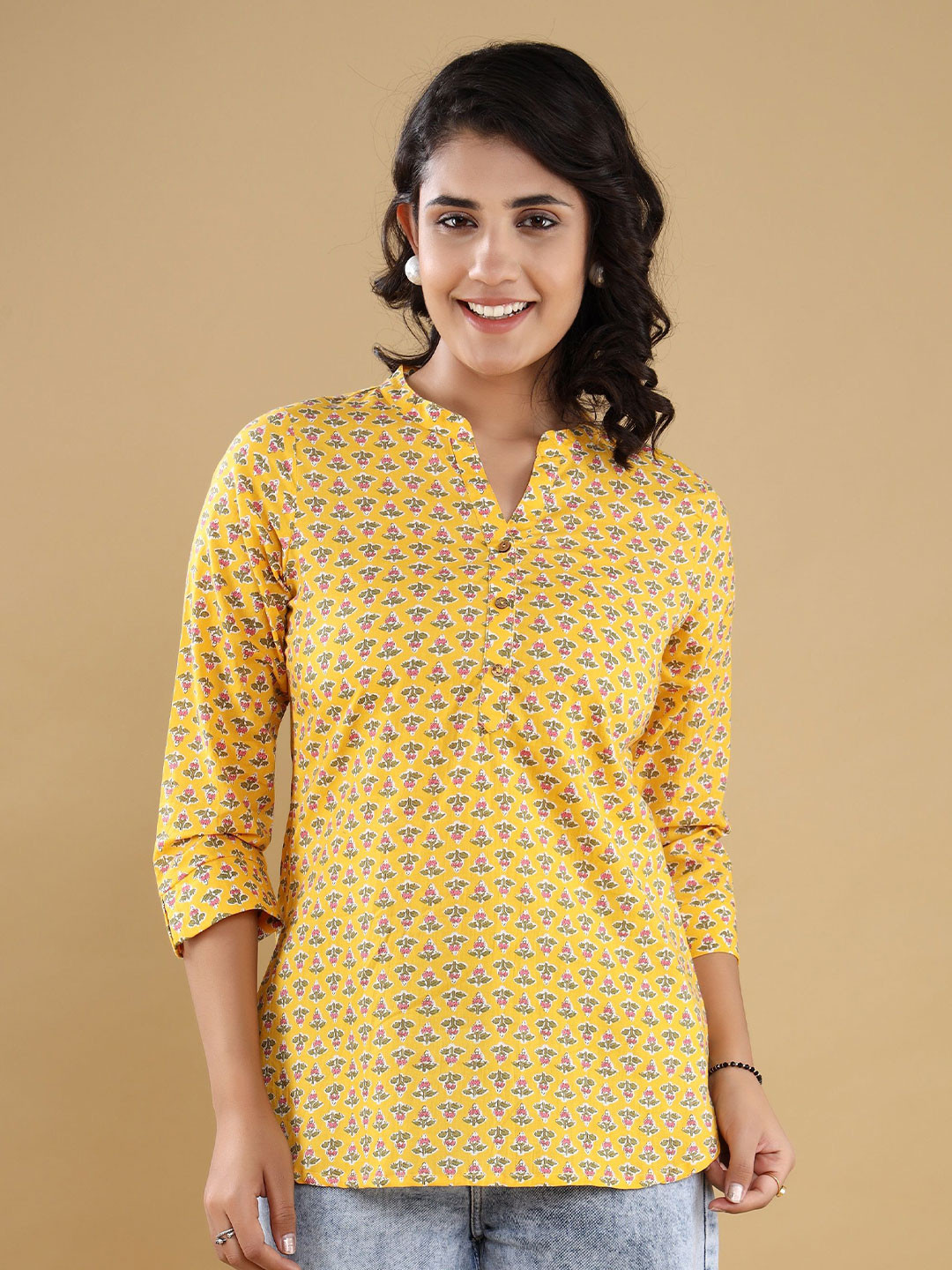 

Chandbaali Floral Print Mandarin Collar Cotton Top, Yellow
