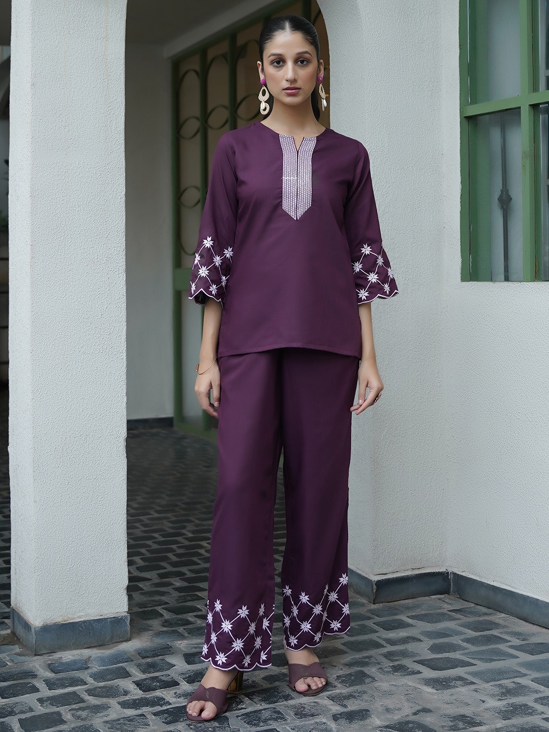 

Moda Rapido Embroidered Notch Neck Tunic With Trouser, Purple