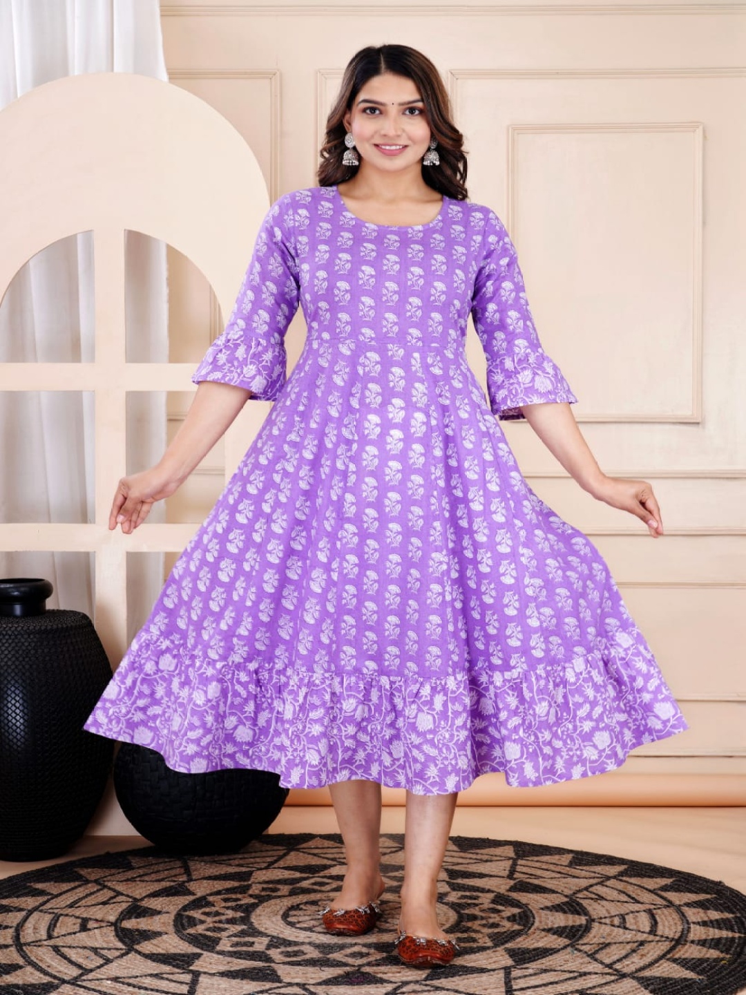 

Divsy Fashion Floral Printed Bell Sleeves Panelled Anarkali Kurta, Purple