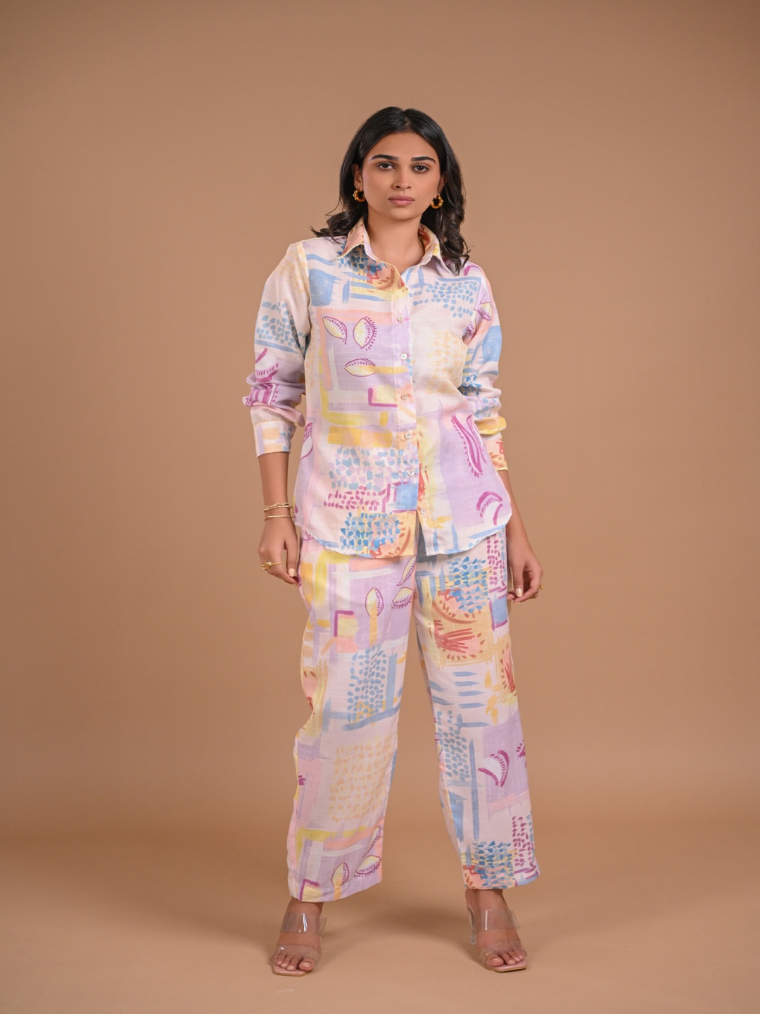 

aaRVee STUDIO Printed Long Sleeves Shirt With Trouser, White