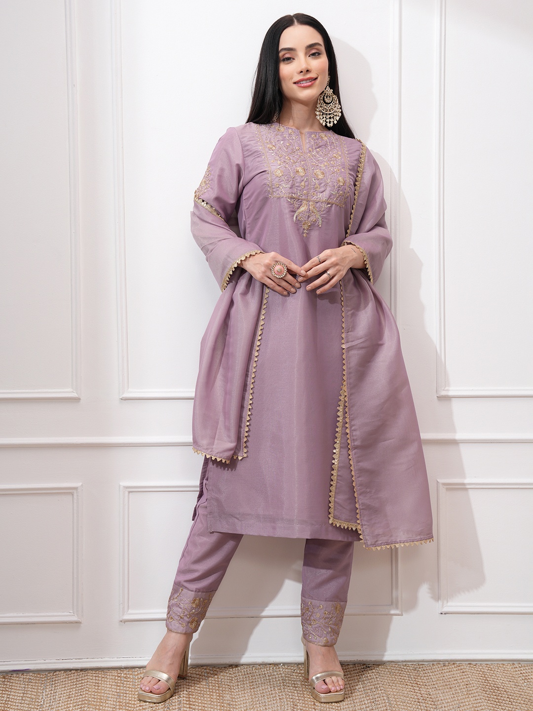 

Vishudh Women Ethnic Motifs Embroidered Regular Kurta with Trousers & With Dupatta, Lavender