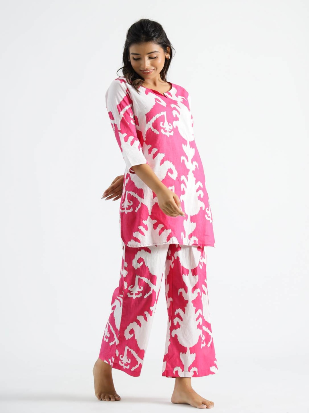 

FLAVIA CREATION Printed Notch Neck Pure Cotton Tunic With Palazzos, Pink
