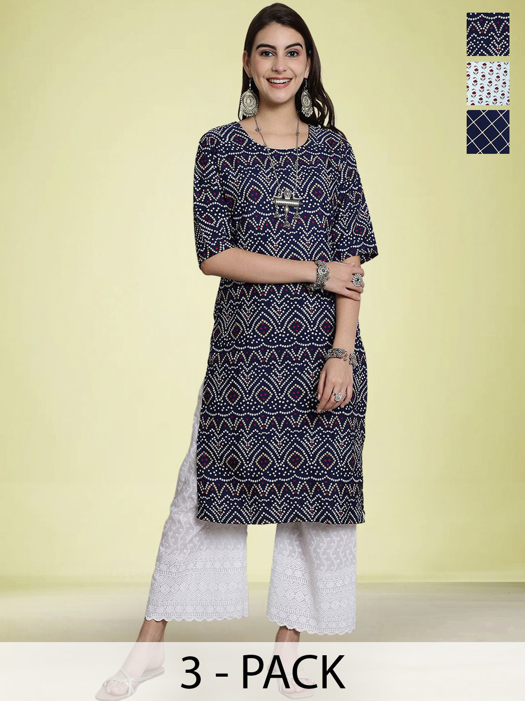 

Moda Rapido Selection Of 3 Bandhani Printed Round Neck Straight Kurtas, Navy blue