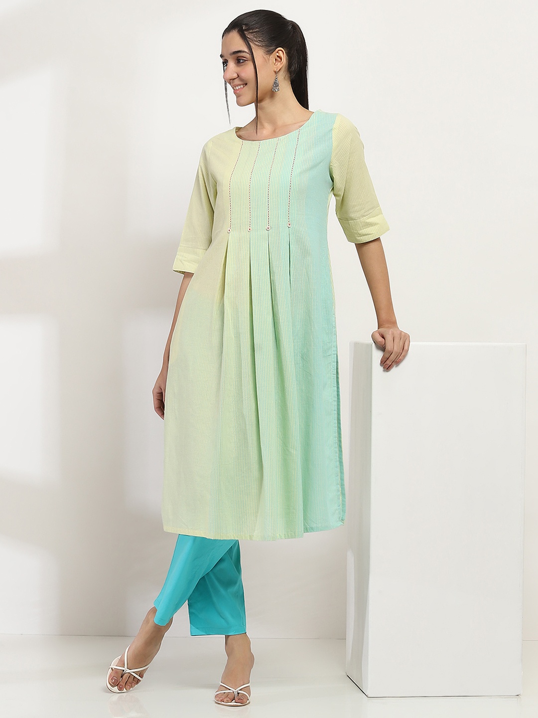 

Rangriti Striped Thread Work Round Neck Pleated Straight Kurta, Yellow