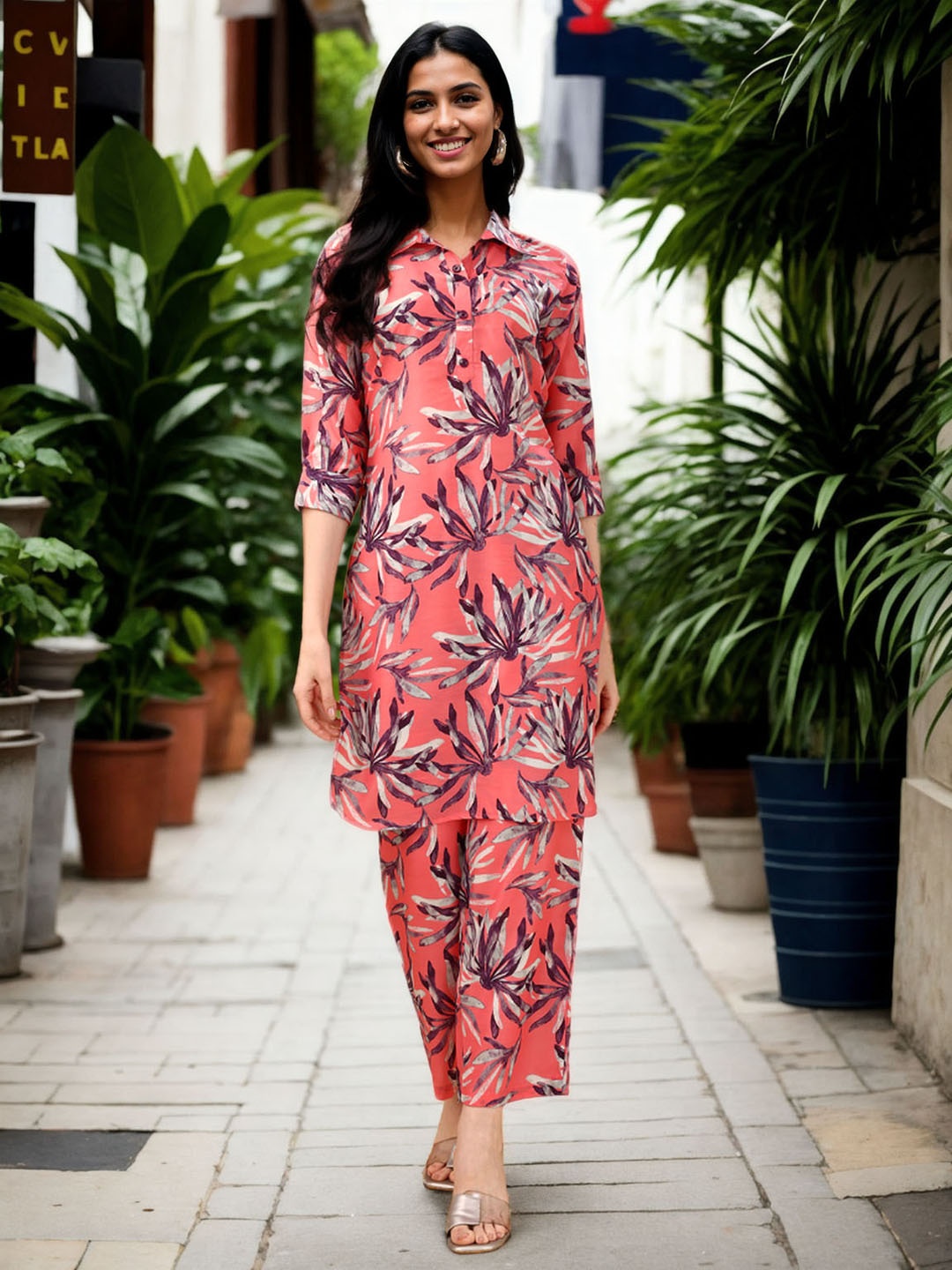 

Moda Rapido Printed Shirt Collar Tunic With Trousers, Peach