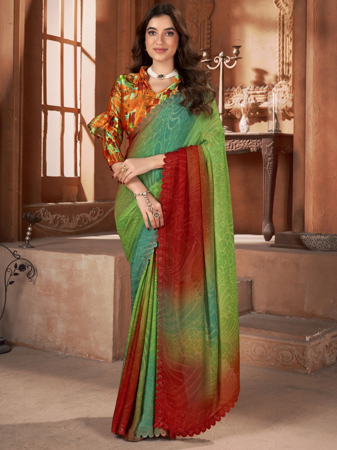 

Mitera Ethnic Motifs Beads and Stones Poly Georgette Saree, Green