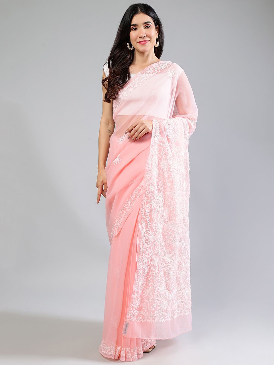 

Seva Chikan Floral Embroidered Poly Georgette Saree, Peach