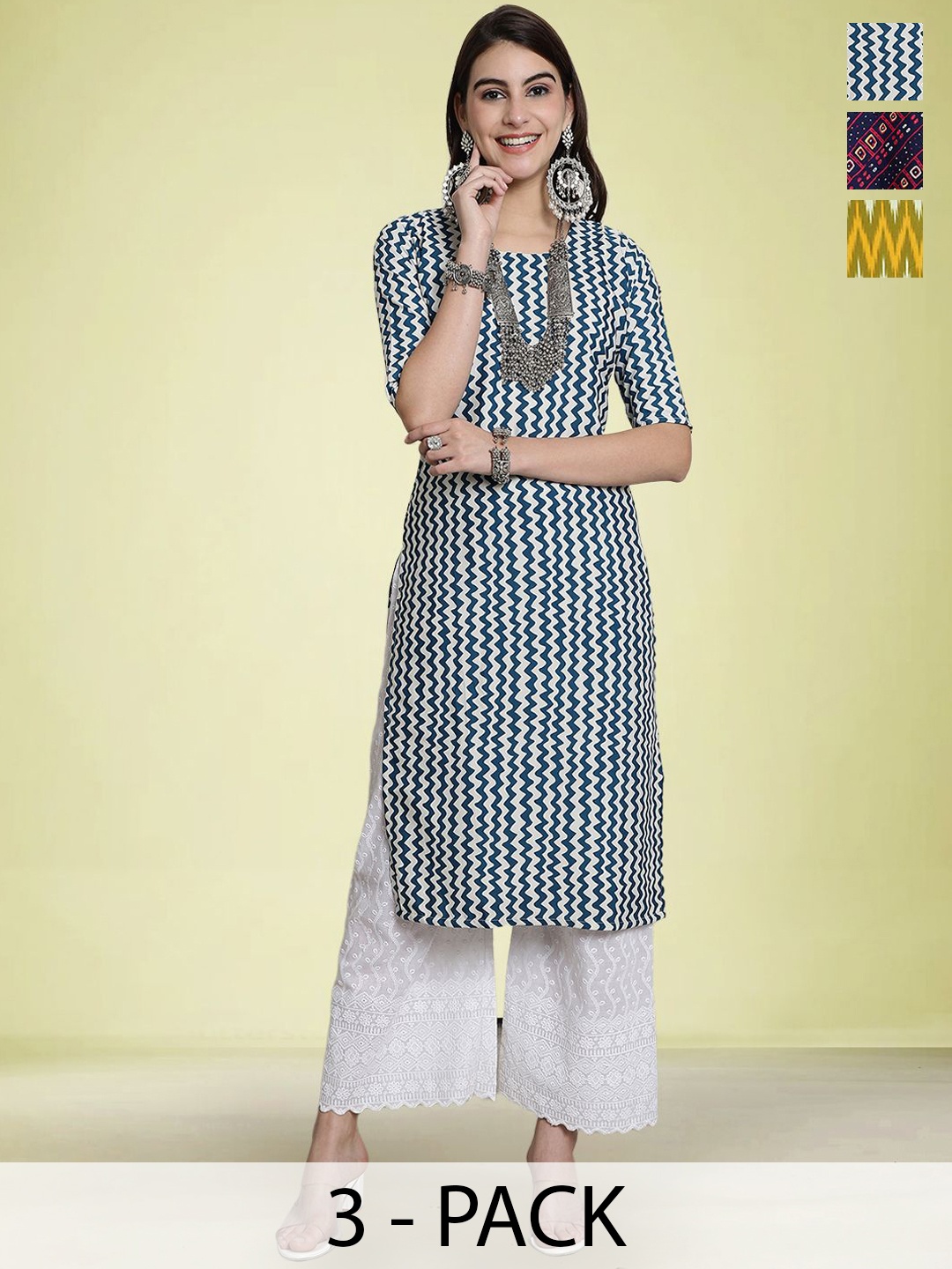 

Moda Rapido Selection Of 3 Chevron Printed Round Neck Straight Kurtas, Blue