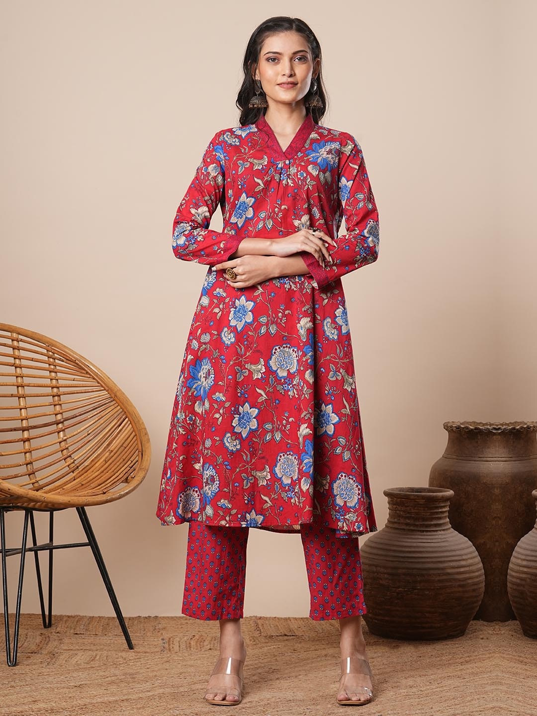 

FASHOR Women Ethnic Motifs Printed Pleated Pure Cotton Kurta with Trousers, Red