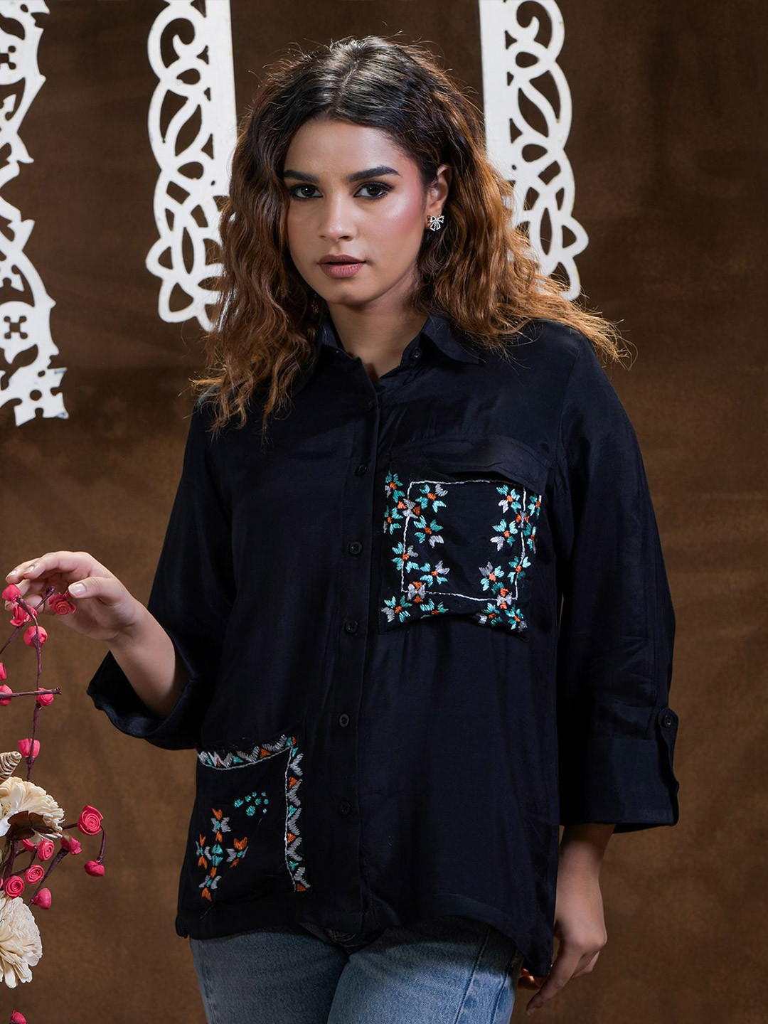 

Phulkari Forever Shirt Style Top, Black