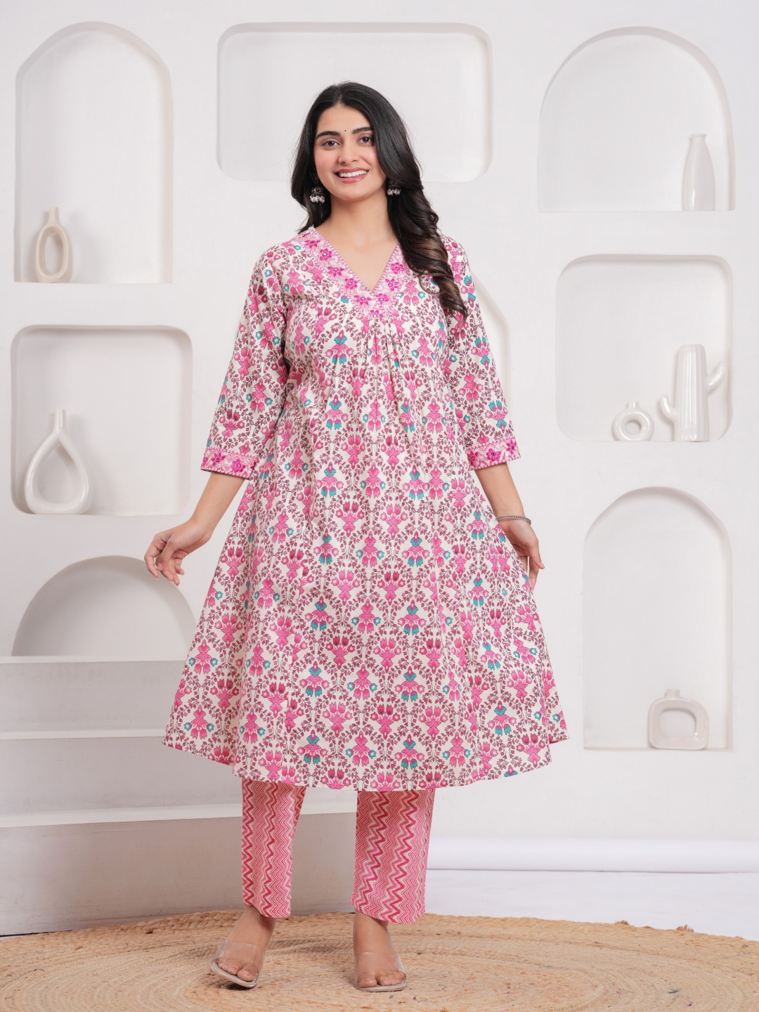 

KALINI Women Floral Regular Pure Cotton Kurta with Trousers & With Dupatta, Pink
