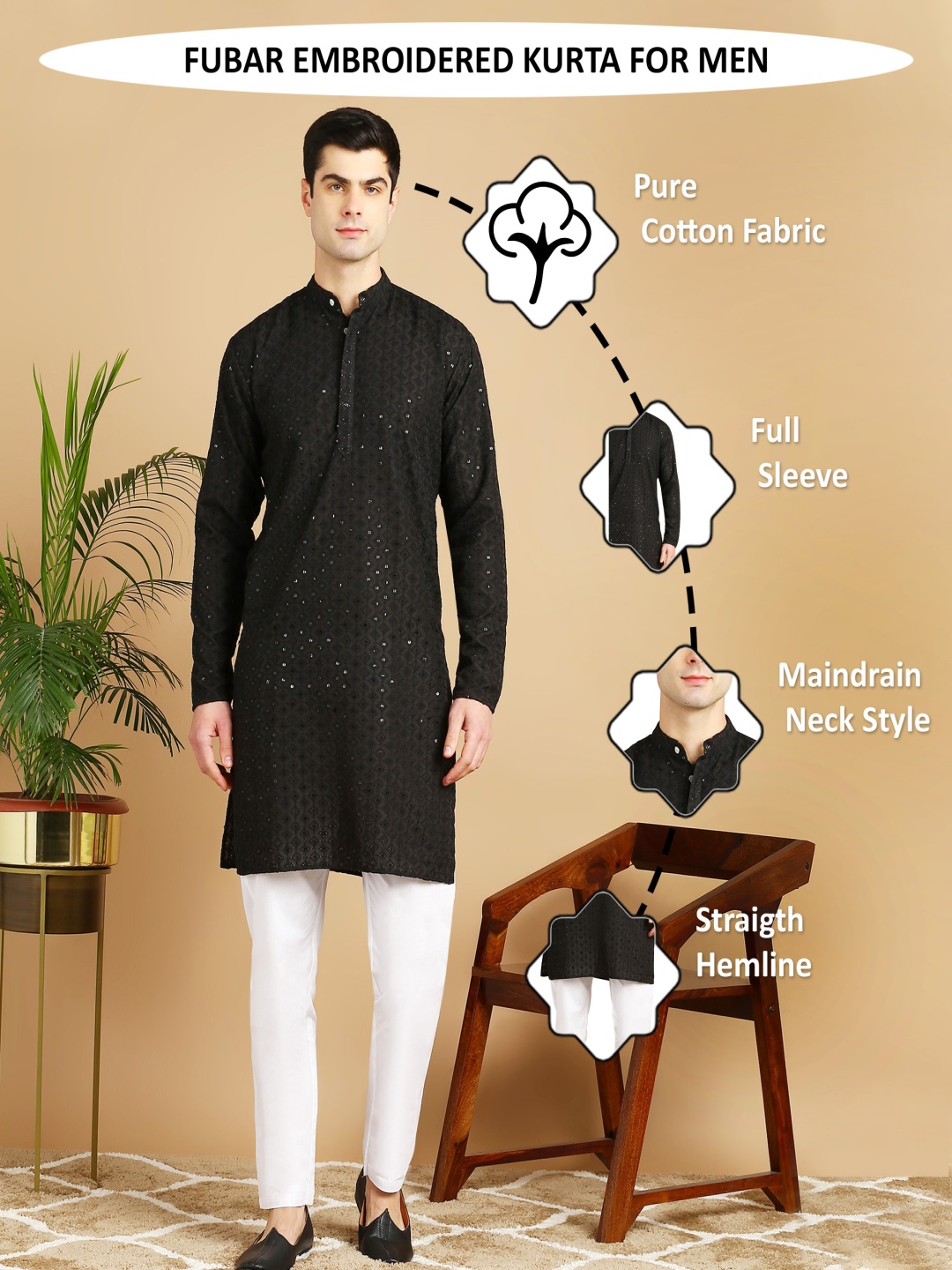 

PulseIQ Men Embroidered Regular Thread Work Kurta with Pyjamas, Black