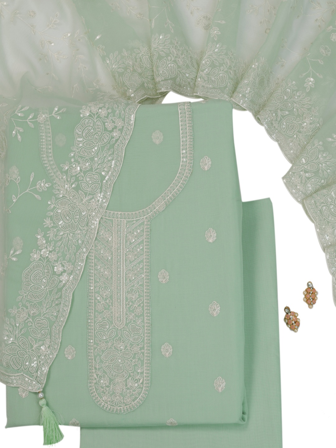 

KULEESH Embroidered Silk Chiffon Semi-Stitched Dress Material, Green