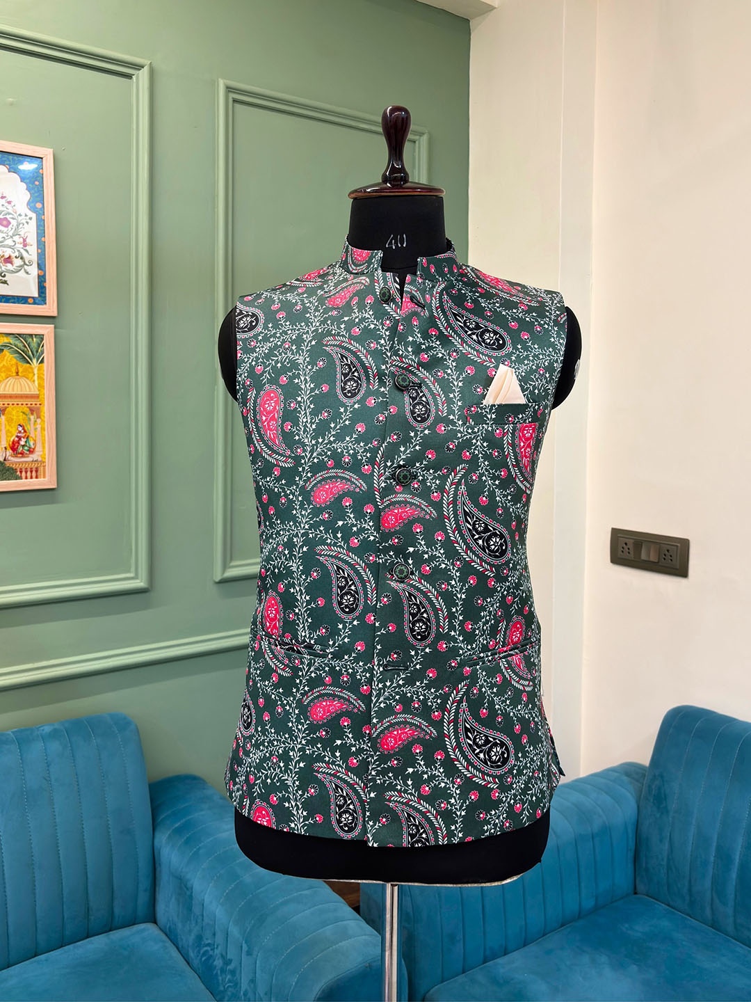 

JAIPURI CROWN Men Festive Wear Printed Nehru Jacket, Green