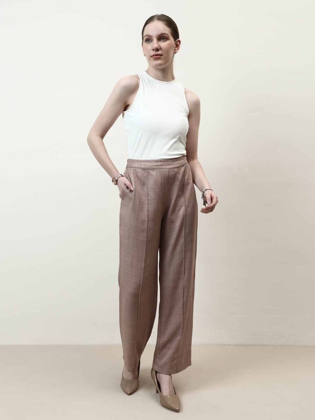 

Athena Immutable Women Relaxed Straight Leg Easy Wash Pleated Trousers, Beige