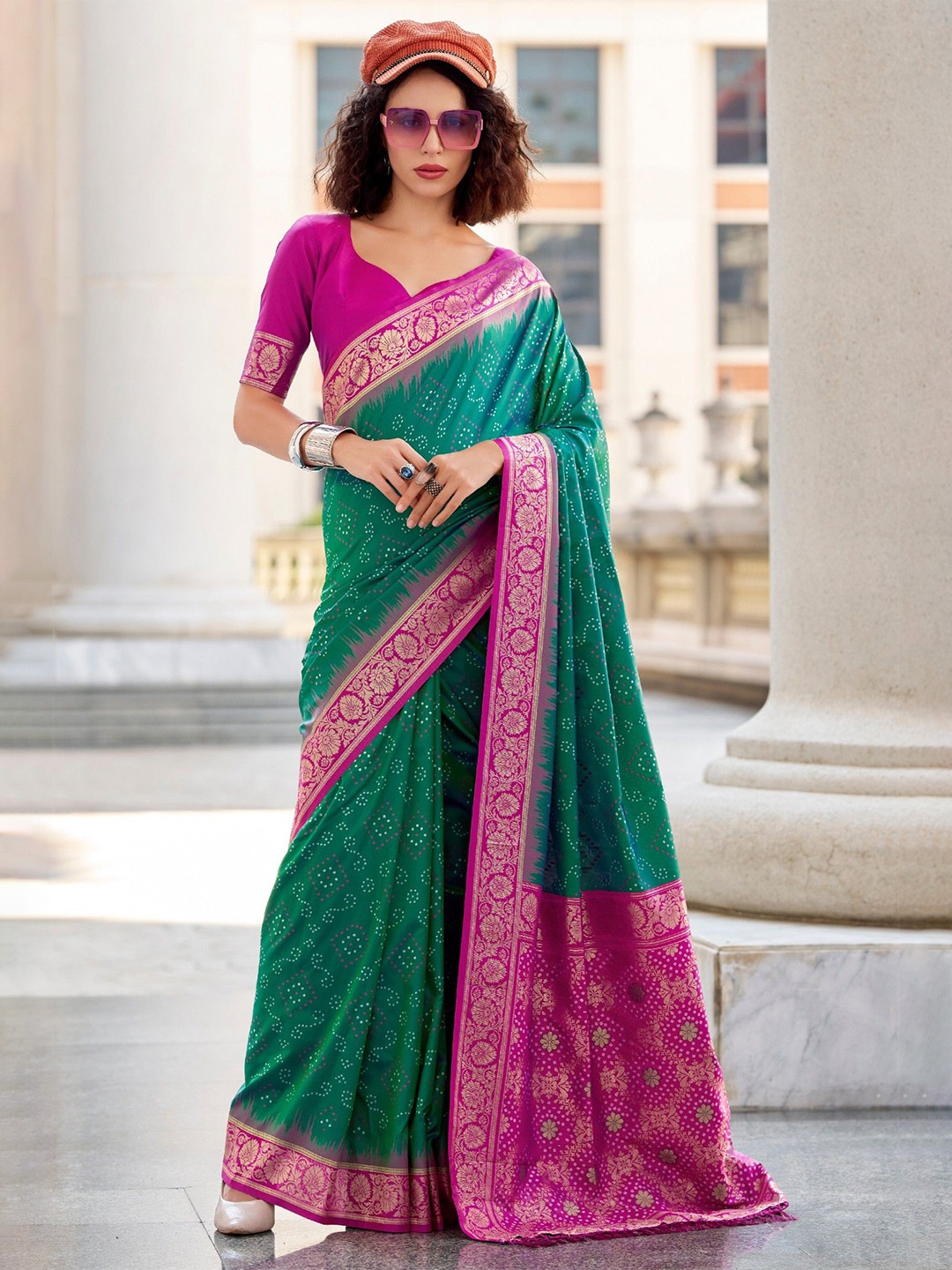 

MySilkLove Eucalyptus Green Woven Banarasi Bandhani Soft Silk Saree