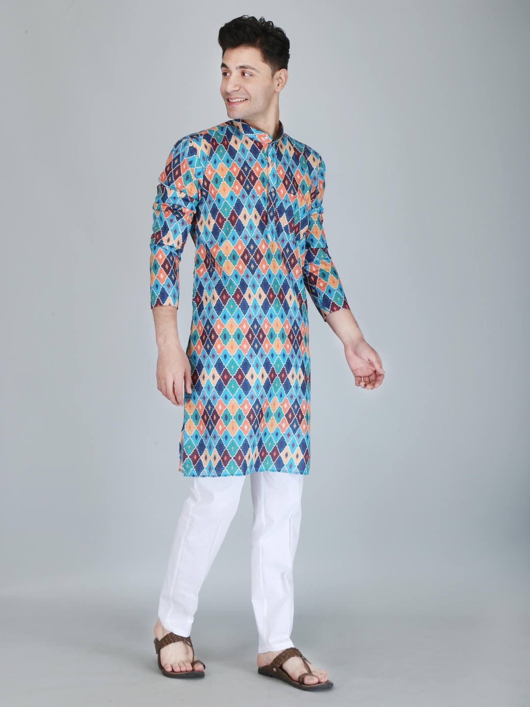 

PulseIQ Geometric Printed Band Collar Straight Kurta, Blue