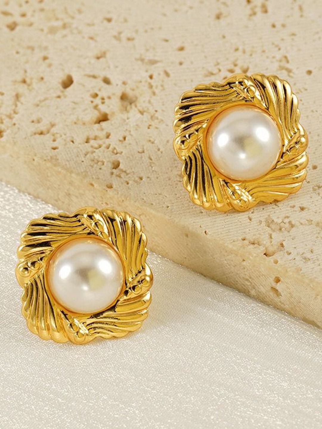 

VIEN Stainless Steel Gold-Plated Artificial Beaded Square Shaped Studs