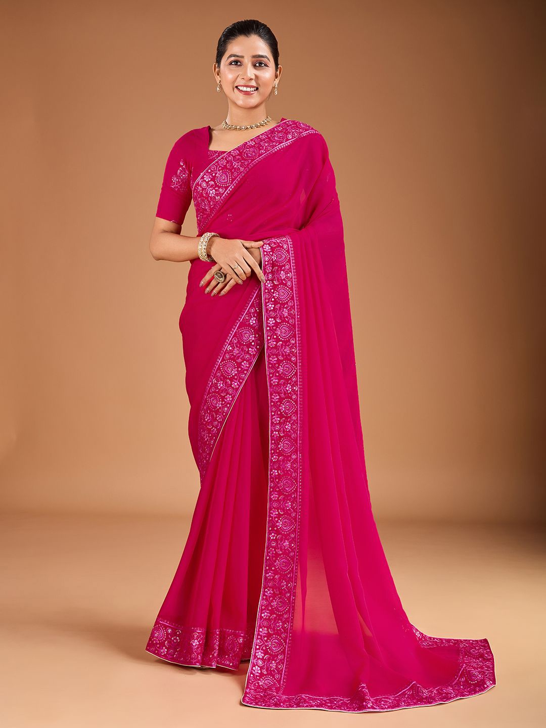 

House of Pataudi Sequinned Embroidered Border Saree With Blouse Piece, Red