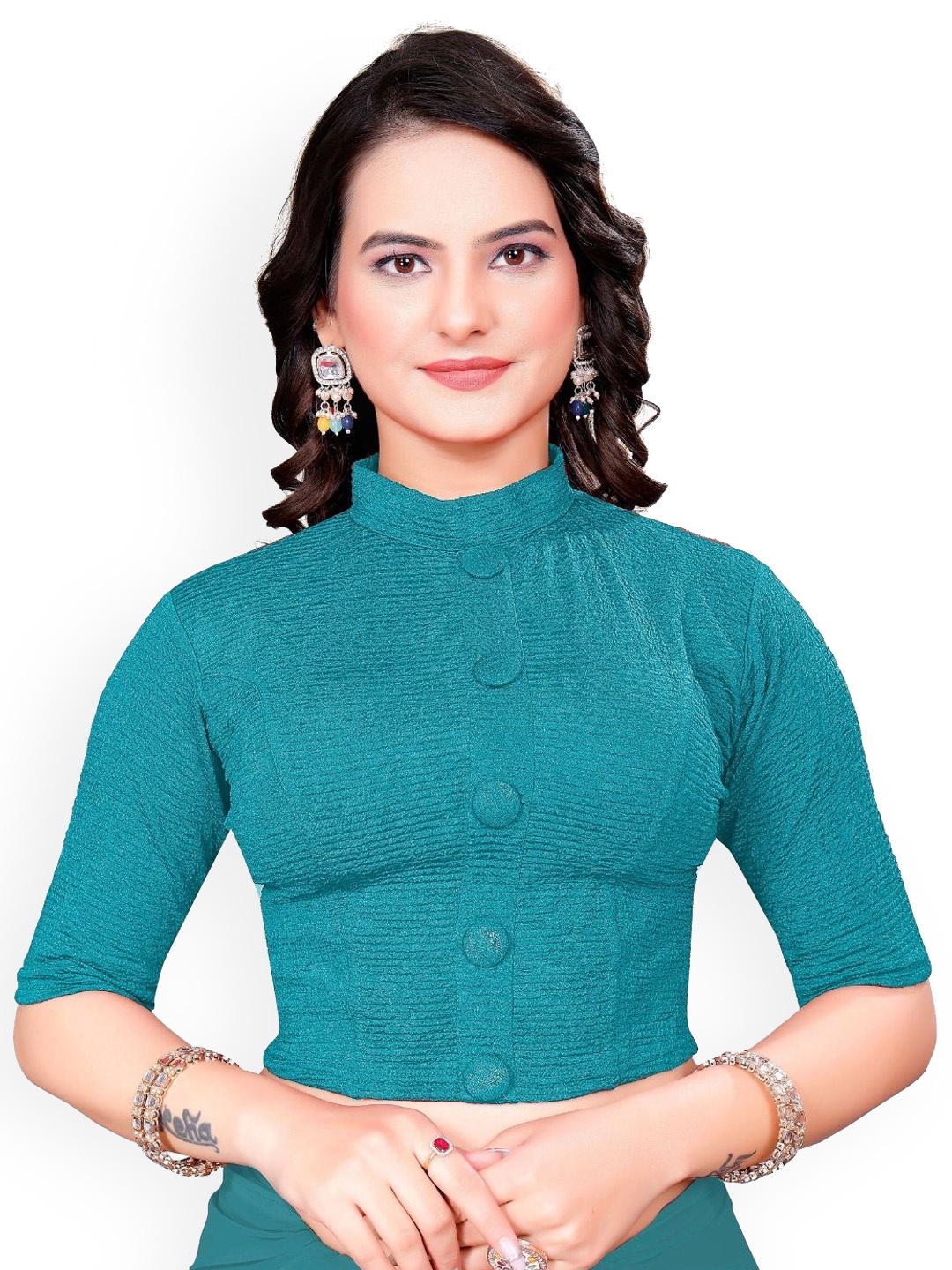 

SS Sanket Synthetics Self Design Cotton Shorts Sleeves Saree Blouse, Turquoise blue