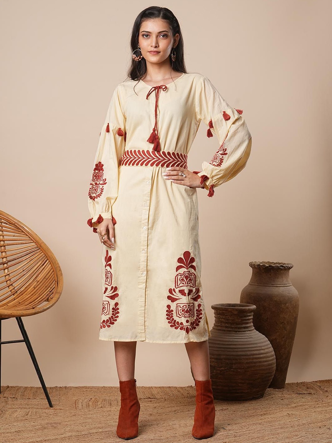 

FASHOR Bohemian Embroidered Puff Sleeve A-Line Midi Dress, Cream