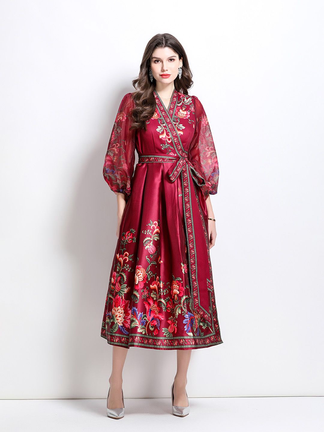 

JC Collection Floral Print Puff Sleeve A-Line Midi Dress, Red