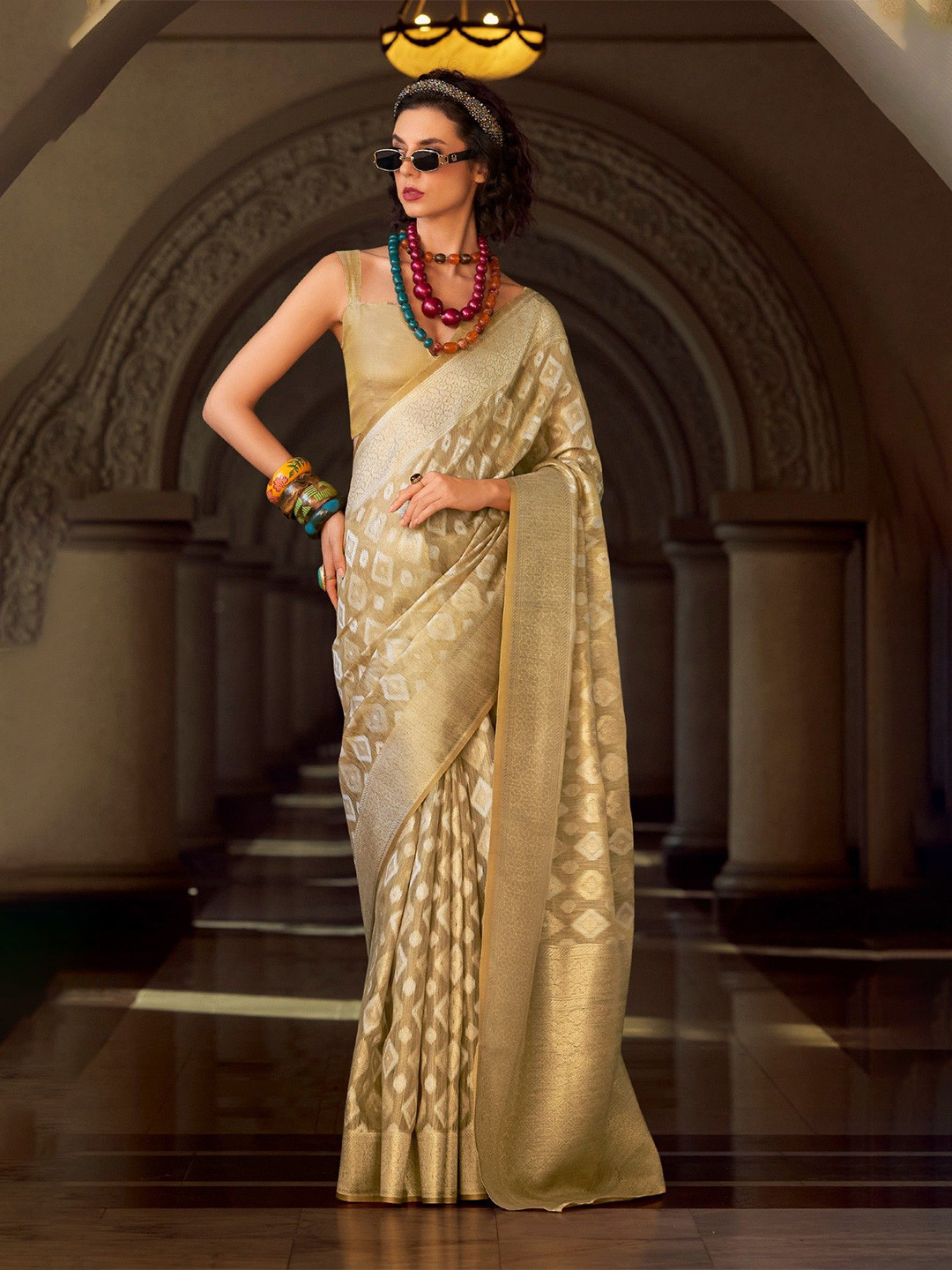 

MySilkLove Butter Cream Tissue Silk Saree