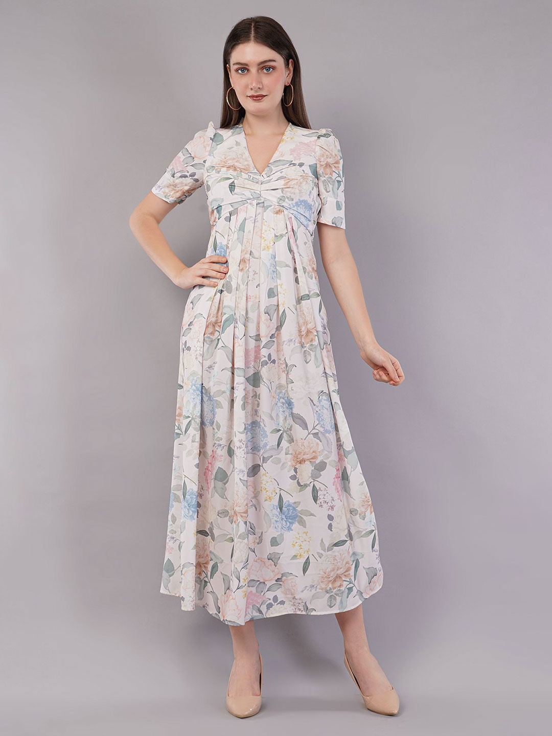 

FLY STITCH Floral Print Fit & Flare Maxi Dress, White